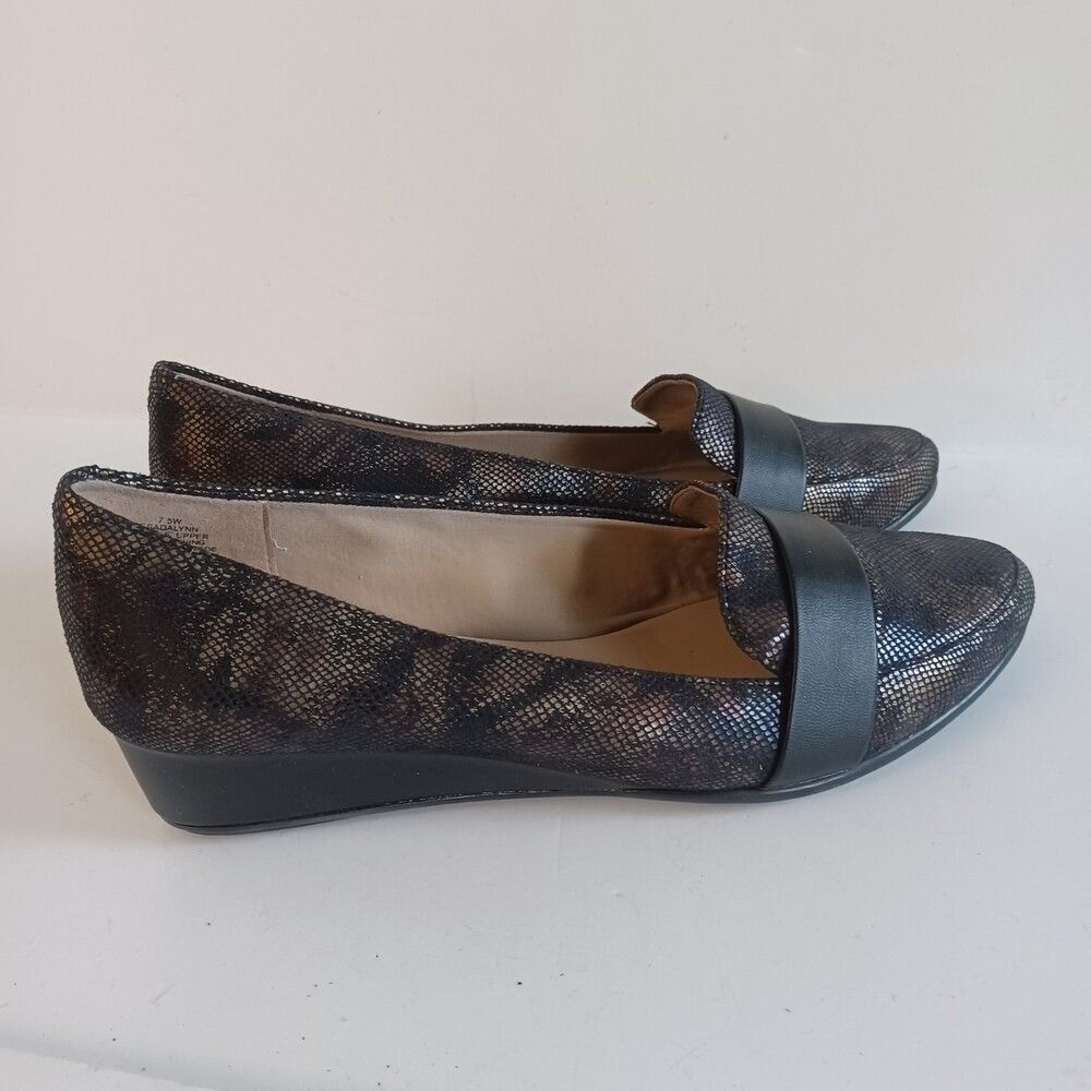 Easy Spirit 7.5W Flats e360 Slip On Low Wedge Snake Dark Metallic Office Comfort